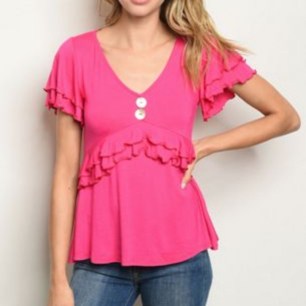 Fuchsia Summer Short Sleeve Top Scoop Neck Button